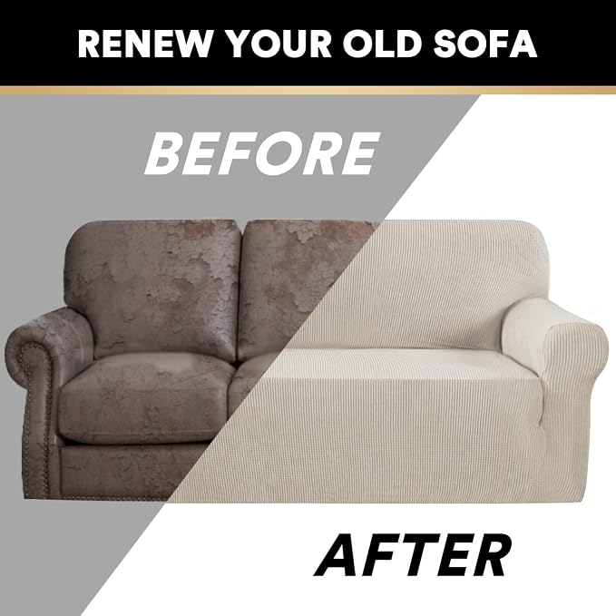 Stretch Sofa Cover Slipcover 1-Piece, Spandex Jacquard Fabric Universal Couch Cover for 3 Cushion, Washable Non Slip Sofa Cover, Pet Friendly (Large Sofa 90"-100",Island Fossi)