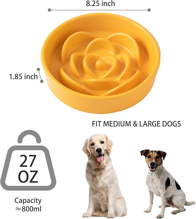 8.25'' Ceramic Slow Feeder Dog Bowls - Petal Shape Modern Dog Food Dish for Medium and Large Breeds, Puzzle Maze Bowl to Slow Down Eating, Anti-Gulping, Dishwasher & Microwave Safe, Yellow