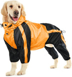 Dog Raincoat, 4 Leg Waterproof Dog Rain Jacket with Hood, Orange M | Rain Coat For Small Dogs, Doggy Poncho With Leash Hole, Snap Buttons, For Rainy Snowy Weather Walks, Hiking, Camping