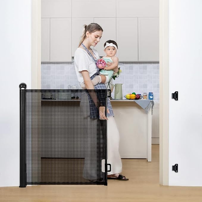 COMOMY Retractable Baby Gate for Stairs, 0-55" Mesh Dog Gate for House Doorways Hallways, 33" Tall Extra Wide Child Safety Gate for Kids Pets, Indoor and Outdoor (Black) | 33" Tall Extra Wide Child Safety Gate for Kids Pets, Indoor and Outdoor (Black)