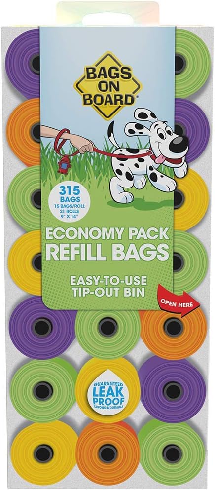 Bags on Board Dog Poop Bags, Strong Leak Proof Waste Bags, 315 Count | Strong Leak Proof Dog Waste Bags, 9 x 14 Inch Size, Assorted Multi-Color Bags, Durable Cleanup Solution, 315 Count