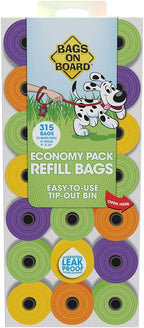 Bags on Board Dog Poop Bags, Strong Leak Proof Waste Bags, 315 Count | Strong Leak Proof Dog Waste Bags, 9 x 14 Inch Size, Assorted Multi-Color Bags, Durable Cleanup Solution, 315 Count