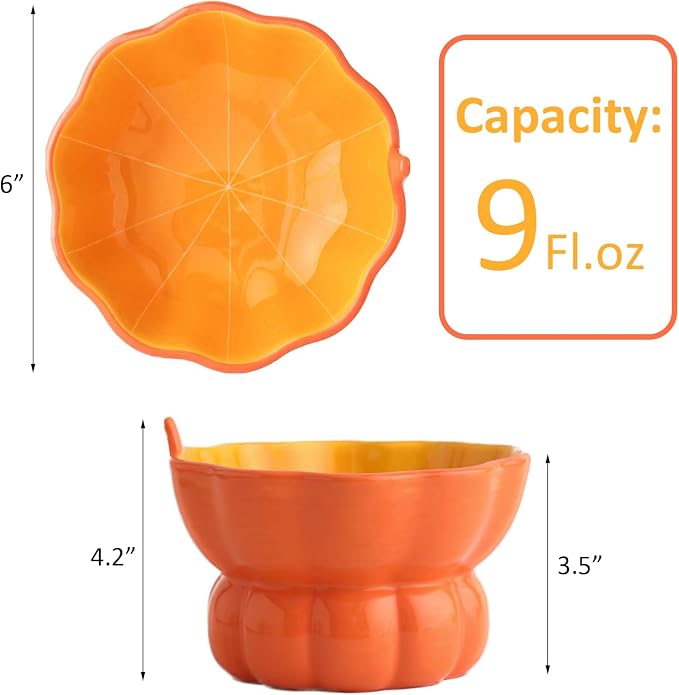 Cute Pumpkin Shaped Raised Ceramic Cat Water Bowl, 9 oz | Whisker Friendly, Anti Vomiting, Elevated Design, Indoor Cats
