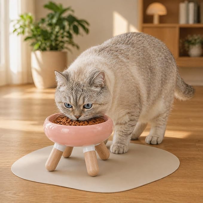 INW Elevated Ceramic Pet Bowl with Wooden Stand – Raised Cat & Dog Feeder, Interchangeable, Anti-Tip, Dishwasher Safe, 12 oz, Easy to Clean – Pink