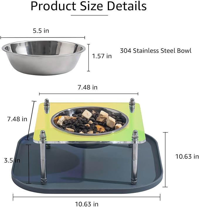 Elevated Cat Bowls with Food Mat Tilted 304 Stainless Steel Dishes for Cats | Whisker Friendly Shallow Dish, Tilted Design Anti-Vomiting, Durable Acrylic Base Feeder, Adjustable Raised Stands, Non-Slip