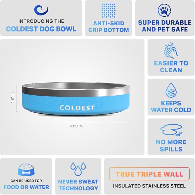 Coldest Dog Bowl - Anti Rust Metal, Non Slip, 3 Layers Insulated Stainless Steel Dog Bowls - Spill Proof & Heavy Duty - Water Bowl for Dogs, Cats & Pets, Dish Washer Safe (21 oz, Celestial Blue)