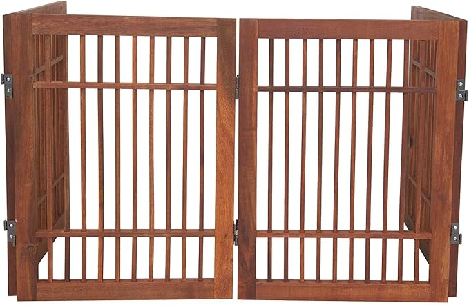 Urnporium Freestanding Wooden Dog Gate Foldable Indoor Pet Gate No Drill Expandable Barrier for Doorways Stairs Hallways Portable Wood Fence for Small Dogs & Puppies (Brown Pet Gate, 4 Panel 24" Tall)