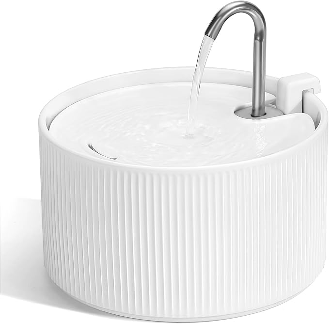 Ceramic Cat Water Fountain, 2.2L/ 74oz Pet Water Fountain, Drinking Fountains Bowl for Cats and Dogs with Replacement Filter and Foam (White)