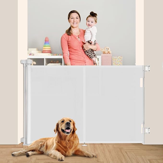 Miumoon 59 inch Reinforced Retractable Baby Gates 42 inch Tall | Retractable Dog Gate with No Crawl Through Reinforced Strip, 5 FT Retractable Gate for Stairs,Doorways,Hallway,Indoor/Outdoor