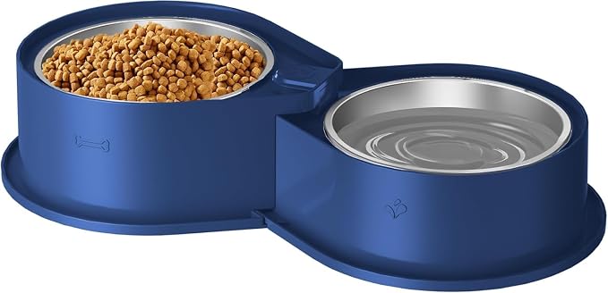 Newget 304 Stainless Steel Dog Bowl Set, 24oz Foldable Pet Dishes, Blue | Dual Food & Water Pet Bowl, Anti-Skid, Keeps Food Fresh, Easy to Install, for Small - Large Dogs/Cats - Indoor & Outdoor Use