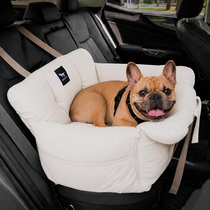 JACKO & CO - Premium Dog Car Seat Bed V2 for Small & Medium Pets Under 40lbs - Water Resistant, Machine Washable, Removable Covers, Clip-On Leash for Back Seat Use (Ultra Prem, Beige Medium 25-45lbs)