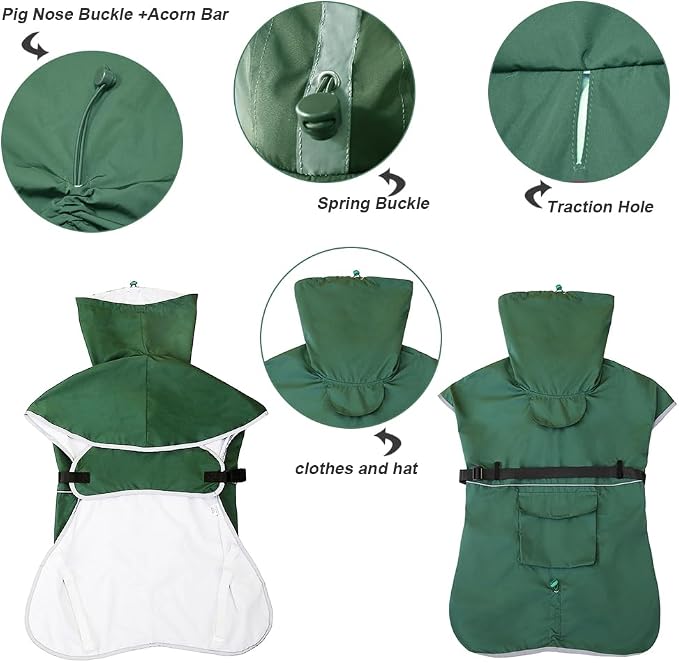 Reflective Dog Raincoat Waterproof Adjustable Dog Hooded Poncho for Medium Large Dogs, Lightweight Pet Rain Jacket, Green, L