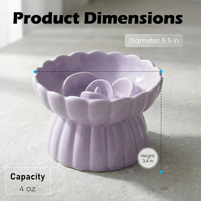 Ceramic Cat Slow Feeder, Raised Slow Feeder Cat Bowl, Anti Vomiting and Whisker Friendly Kitty Dish, Elevated Puppy Kitten Food Bowl for Dry and Wet Food (Purple)