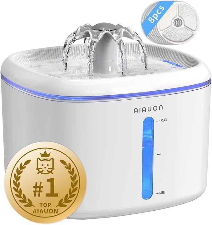 2.5L/84oz Cat Water Fountain, Ultra Quiet Pump & LED Blue Light | Pet Water Fountain with Ultra Quiet Low-Water Auto Shutoff Pump& LED Blue Light - for Pets Small Animals & 8 Filters