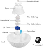 iPettie Tritone Ceramic Cat Water Fountain, Heavy-Duty Waterer for Pets | 2.1 Liters / 2.2 Quart Filtered Water Purifier with Replacement Filters and Foam, White