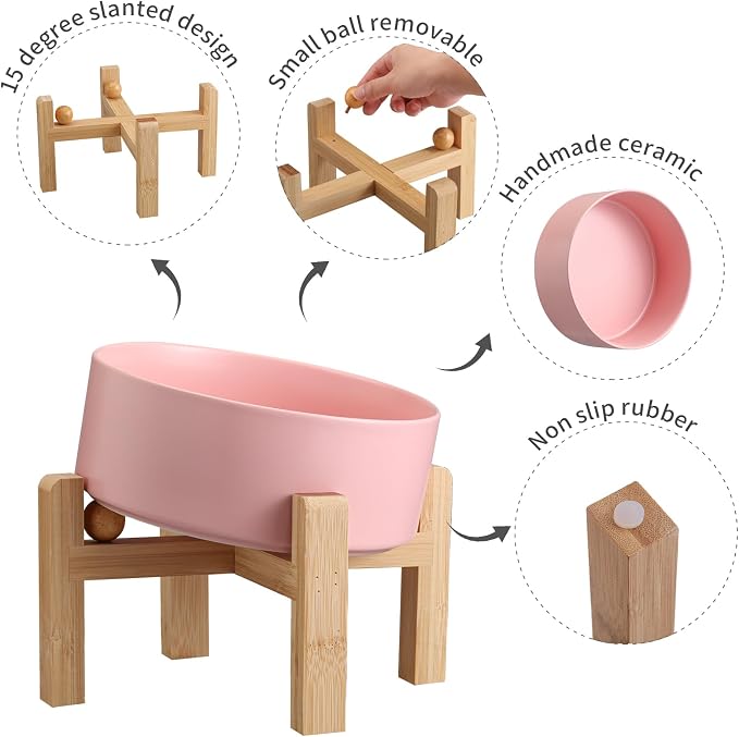 Pink Elevated/Raised 15°Tilted Anti Slip Ceramic Dog Bowl for Small/Medium Breeds,Slanted Bulldog Big Face Pet Food Water Feeding Dish with Stand for Cats and Dogs (3.6 Cups/28 OZ)