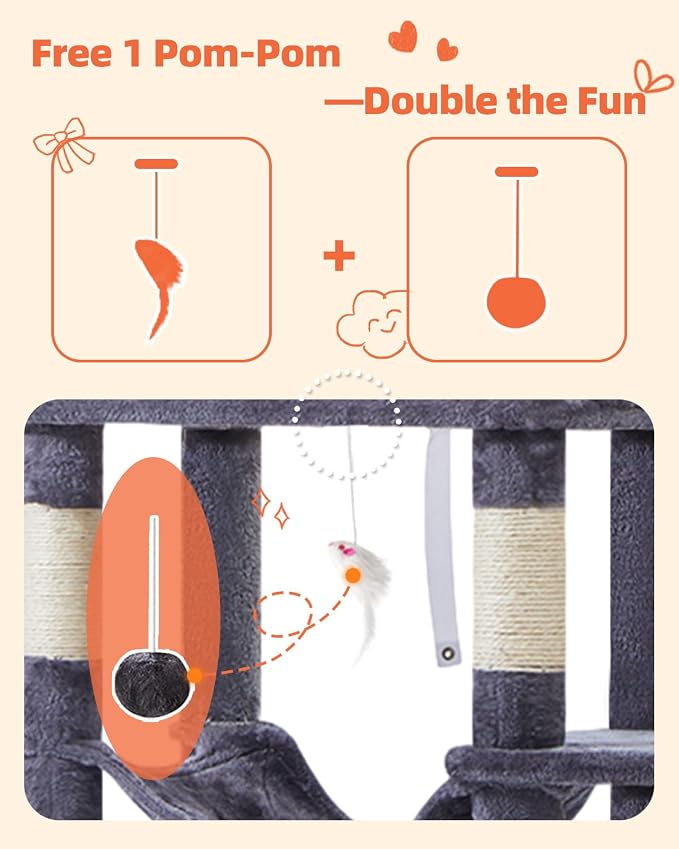 Taoqimiao Cat Tree, 66.2 in Tall Cat Tower with 2 Plush Cat Condos | 7 Scratching Posts, 2 Top Perches, Cozy Hammock & Basket, Indoor Cats, 2 Pompoms & Mouse Toy, Smoky Gray, MS013G