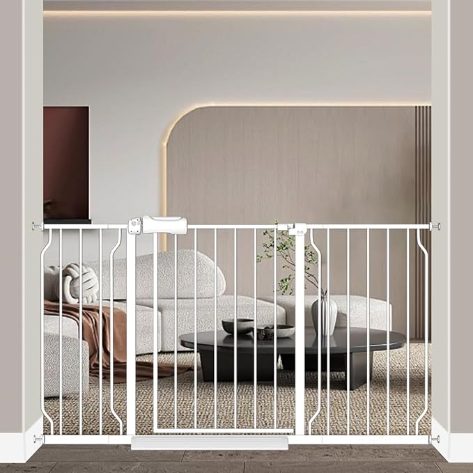 Fairy Baby 53-57.5 inch Extra Wide Baby Gates Auto Close Child Safety Gates | Pressure Mounted Banister Stairs Doorways Hallway, Adjustable Metal Dog Gate with Door for Kids or Pets, Double-Lock, White