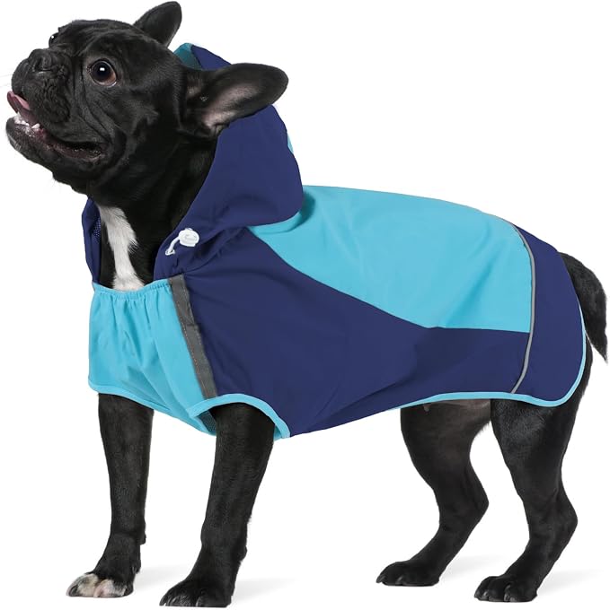 IECOii Dog Raincoat,Waterproof Rain Coat for Small Dogs,Adjustable Pet Rain Jacket with Hood,Lightweight Doggy Raincoats with Reflective Stripes,Blue,Small