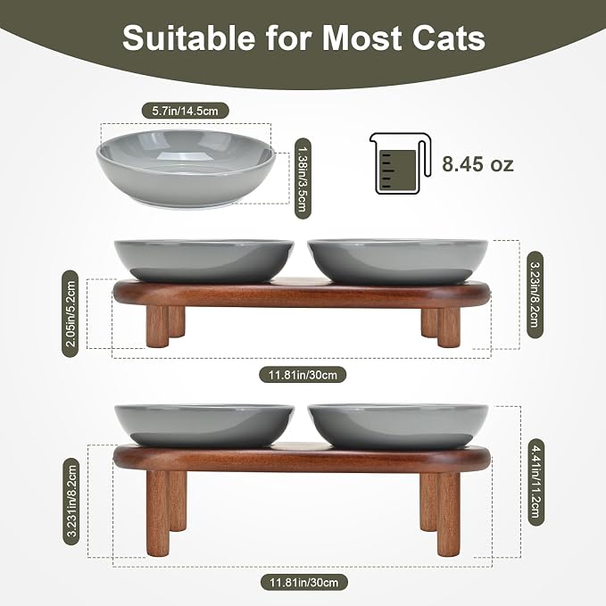 SPUNKYJUNKY Extra Wide Elevated Ceramic Cat Bowl with Acacia Wood Stand Whisker Friendly (Cat Paw Pattern, Gray)