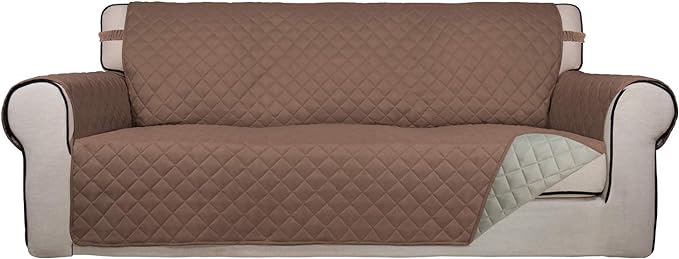 PureFit Reversible Quilted Sofa Cover, Water Resistant Slipcover Furniture Protector, Washable Couch Cover with Non Slip Foam and Elastic Straps for Kids, Pets (X Large, Brown/Beige) | Brown/Beige, Water Resistant Couch Protector, Washable Pet Couch Co...