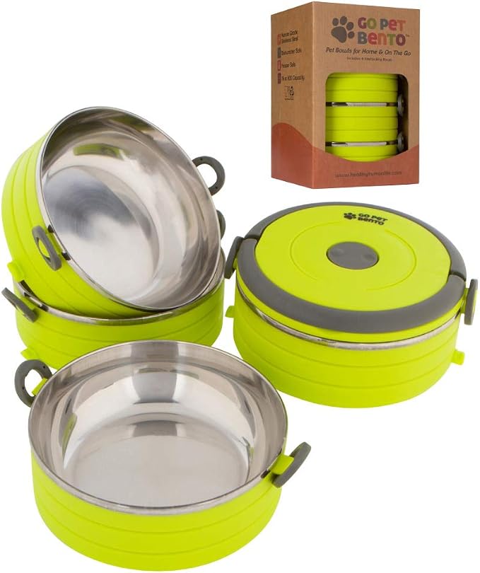 Healthy Human Travel Pet Bento Bowls - Human-Grade Stainless Steel & BPA-Free, Leak-Proof Water & Food Container Set for Dogs & Cats, 4-Pack Interlocking Bowls, Includes Spare Clips & Handle (Green)