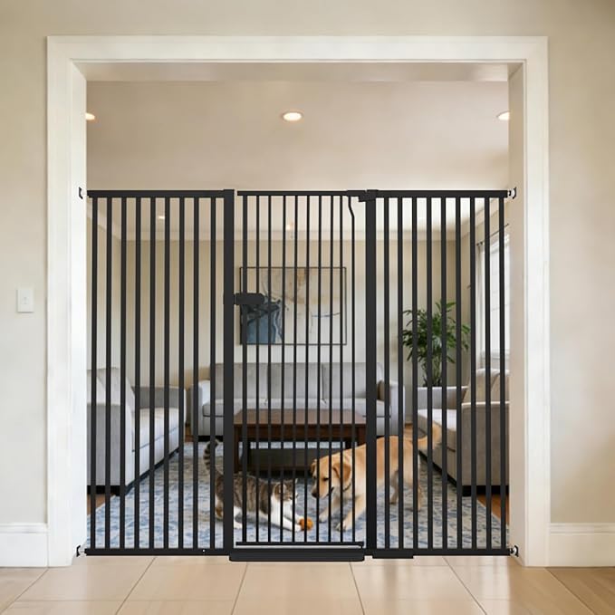 Lumizone Extra Tall Cat Gate 55.12" High 63.39"-67.71" Wide Pet Gate Black | Dog Gate for Doorway Hallway Stairs Pressure Mounted Extra Wide 1.37" Gap No Drilling Auto-Close One-Handed Operation
