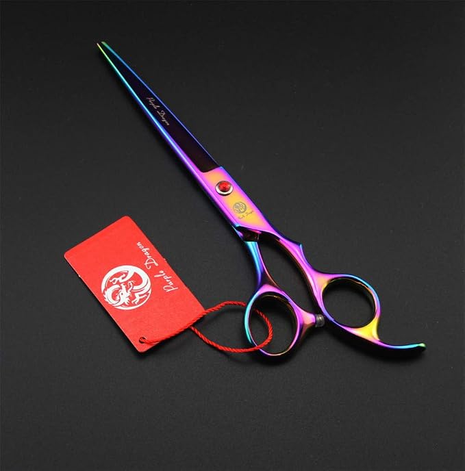 Purple Dragon 7" Dog Grooming Scissors Set with Silencer for Sensitive Pet | 4PCS Pet Grooming Shears Kit with Straight, Curved, Thinning Blade, Comfortable Grip, Japanese 440C Steel, Gift for Groomers