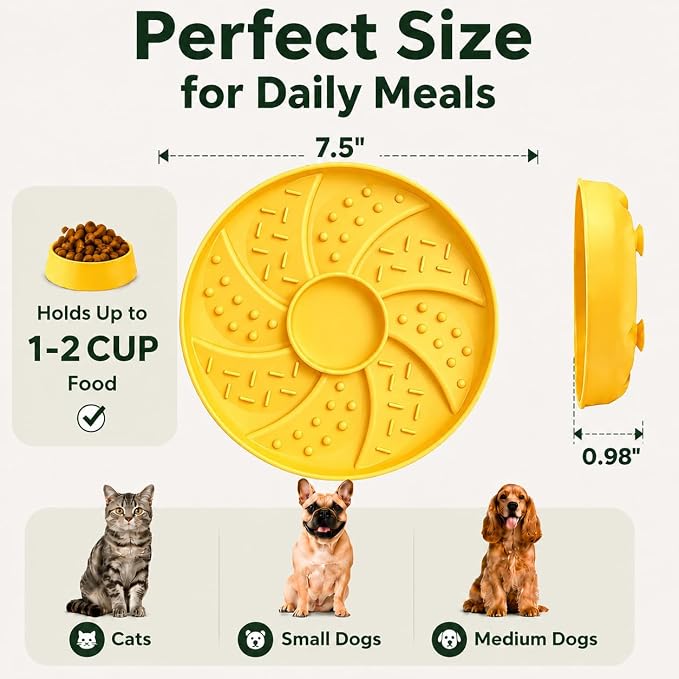 Slow Feeder Dog Bowl Silicone Suction Cup Anti Spill Dogs Cats Yellow | strong suction base prevents sliding, extends mealtime, reduces anxiety, textured surface, dishwasher safe