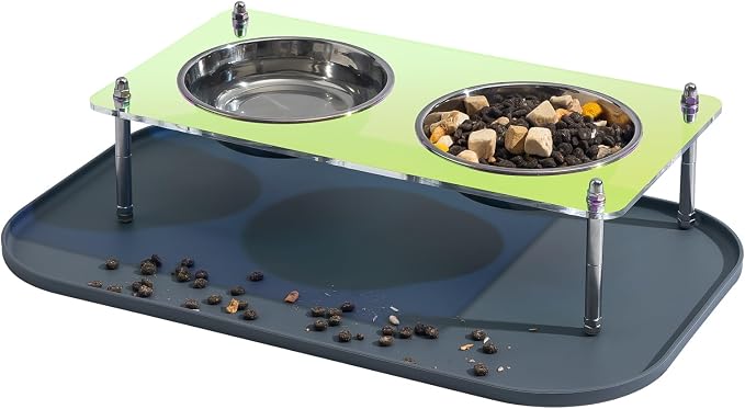 Elevated Cat Bowls with Food Mat Tilted 304 Stainless Steel Dishes for Cats | Raised Food and Water Bowl Set, Whisker Friendly Shallow Dish,10° tilted Anti-Vomiting, Durable Acrylic Base Feeder, Non-Slip