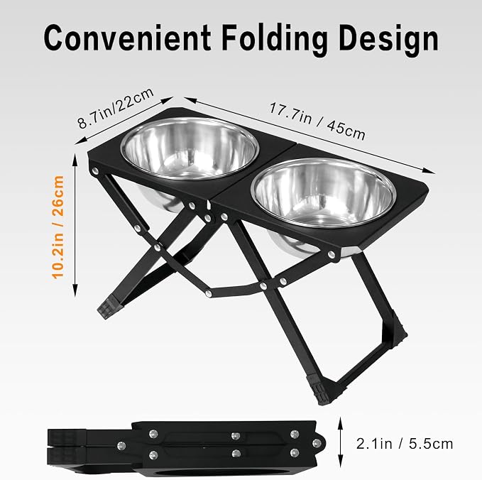 Foldable Elevated Dog Bowl Holder with 2 Large 58oz Stainless Steel Bowls, 10.2" Tall Raised Dog Bowl Stand for Medium/Large Breeds, Indoor and Outdoor Use