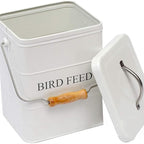 Pet Food Storage Tin with Lid, Metal Bird Seed and Feed Container with Serving Scoop, Treats Storage Canister Bin Can for Dogs, Cats Food, Coated Carbon Steel, Tight Fitting Lid, White, 5-6 Lbs