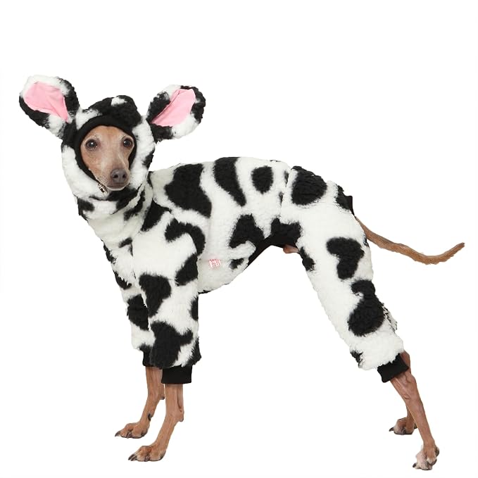 D Doggy Star Italian Greyhound Clothes Winter Warm Fleece Cow Print Sweater Jumpsuit with Snood Turtleneck, Fits Small Whippets (M,Onsi Cow Print)