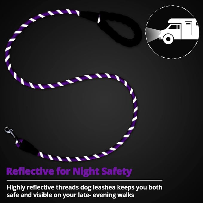 Rope Dog Leash 6 FT: Heavy Duty Leashes with Swivel Lockable Hook Reflective Threads Bungee and Padded Handle - Dog Lead for Large Small Medium Dogs Outside Walking Hiking Purple