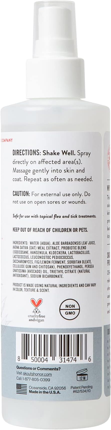 SKOUT'S HONOR Probiotic Itch Relief Spray for Dogs, 8 oz | Natural, Vegan, Non-Medicated Microbiome-Friendly Formula for Long-Lasting Relief, with Soothing Aloe and Avocado Oil