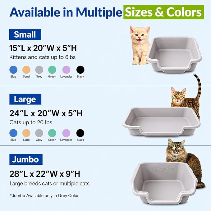 KittyGoHere Senior Cat Litter Box Jumbo with Scoop - 2 Pack Misty Gray | Open Top Low Entrance Kitty Litter Box With Long-handle Jumbo Scoop, Lightweight Low Entry Litters Box, Durable, Made in USA