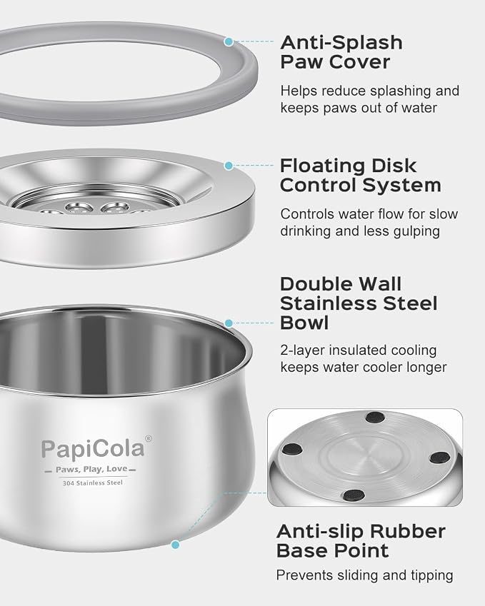 No Spill Dog Water Bowl, Slow Drinking Dog Water Bowl | Anti-Splash & No Drip Stainless Steel Dog Water Bowl for Mess-Free Floors, Double Wall with 2-Layer Insulated Cooling