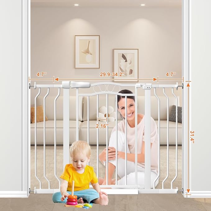 29.5-43.7" Wide Baby Gate for Stairs No Drilling, 30" Tall Metal Pet Baby Safety Gates with Expansion Kit, Press Mounted Dog Gate Indoor for Kids, Walk Through Dog Gates for Doorways, White