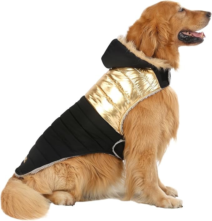 HDE Dog Puffer Jacket Fleece Lined Warm Dog Parka Winter Coat with Harness Hole 90s Black and Gold Metallic - L