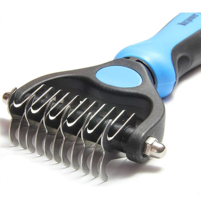 Maxpower Planet Pet Grooming Brush - Double Sided Dematting Undercoat Rake for Dogs and Cats, Extra Wide Pet Brush to Reduce Shedding by 95% (Blue, S) | 9 & 17 Teeth, Deshedding & Dematting Tool, Long & Thick Double Coats, Non-Slip Handle, Reduces Shed...