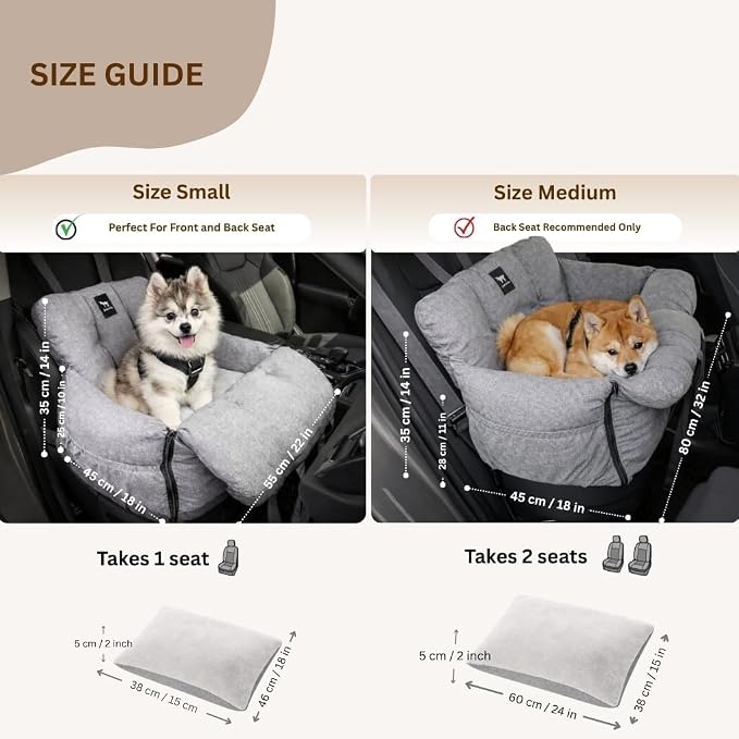 JACKO & CO - Premium Dog Car Seat Bed V2 for Small & Medium Pets Under 40lbs - Water Resistant, Machine Washable, Removable Covers, Clip-On Leash for Back Seat Use (Ultra Prem, Beige Medium 25-45lbs)