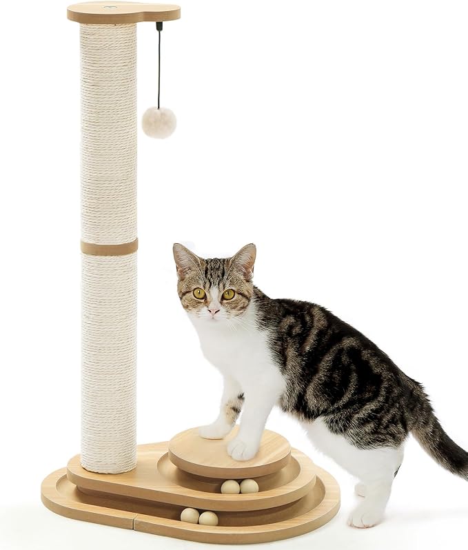 Made4Pets Tall Cat Scratching Post for Indoor Cats with Ball Track 32" | Interactive Tall Cat Scratching Post with Natural Sisal Rope, Rolling Ball Track and Extra Scratching Height, Modern Décor