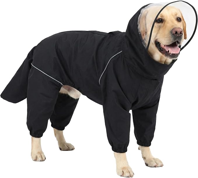 Dog Raincoat for Medium Large Dogs,rain Jacket Coat, Full Leg Coverage Waterproof Rain Suit with Detachable Hood & Tail, Reflective Strips, Snag-Free Top Zipper (Black for Boy, X-Large)