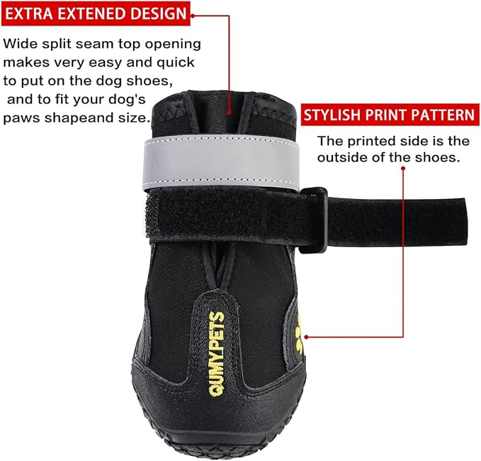 QUMY Dog Shoes for Hot Pavement, Dog Snow Boots & Paw Protectors for Winter | Dog Booties Medium Large Size Dogs, Water-resistant in the Rain, Outdoor Walking, Indoor Hardfloors Skid-resistant Sole Black