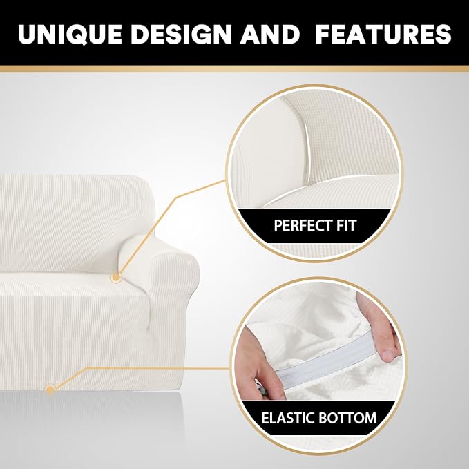 Stretch Sofa Cover Slipcover Couch Covers for 3 Cushion Couch Furniture Protector Sofa Covers with Non Slip Elastic Bottom Dogs Pet Friendly Fitted(Large Sofa 90"-100",Porcelain)