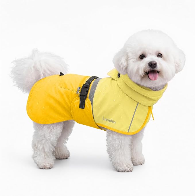 Luciphia Dog Raincoat, Adjustable Hooded Reflective Jacket with Pocket | Yellow small dog rain jacket with leash hole, buckle-on, non-stick fur. For daily walks.