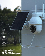2K Solar Security Cameras Wireless Outdoor, 360°PTZ Outdoor Camera | Battery Powered, Color Night Vision, 2-Way Audio, PIR+AI Motion Detection, IP66 Waterproof, Work with Alexa&Google Assistant