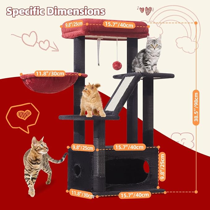 Taoqimiao Gothic Cat Tree, 38.5In Cat Tower for Indoor Cats, for Kittens | Thick Padded Top Perch, Luxurious Cat Condo, Adjustable Basket, 1-Piece Ramp Scratcher, 3 Natural Sisal Posts, MS029SBR