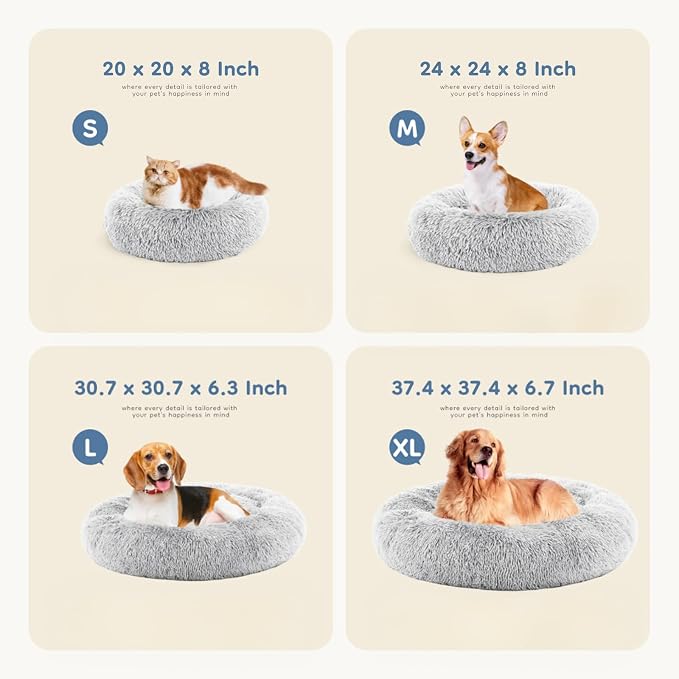 DUMOS 37.4 Inch Donut Dog Bed, Faux Fur Plush, Grey | Machine Washable Cuddler Warming Cozy Fluffy Faux Fur Plush Round Pet Bed, Anti-Slip Bed for Indoor Dogs and Cats