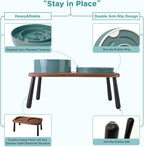 SPUNKYJUNKY Ceramic Elevated Dog Bowls with Slow Feeder Raised Acacia Bamboo Wooden Stand, 8.3'' Dog Food Water Bowls Set Non-Slip for Medium Large Sized Breed Microwave Dishwasher Safe - Dark Green